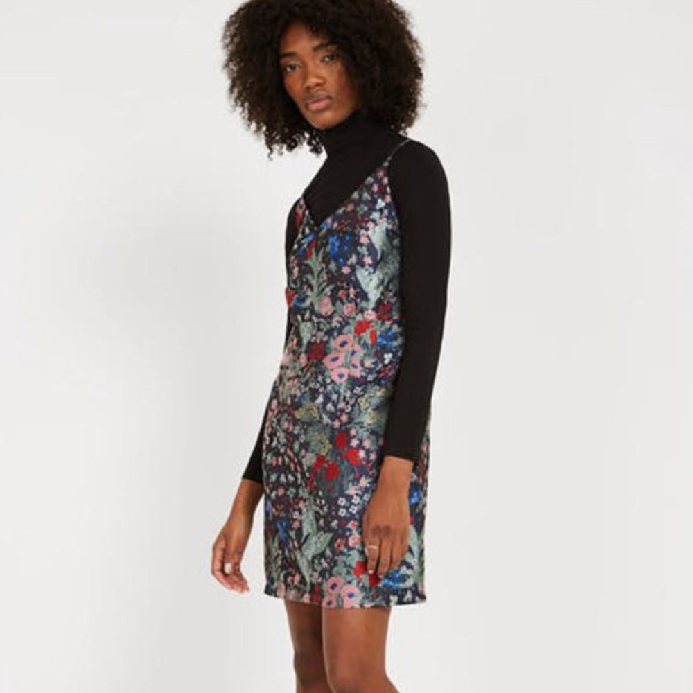 Frank and Oak Jacquard Slip Dress Women's Size XS in Navy Flower Combo